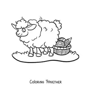 Coloring page of a kawaii sheep next to a basket of wool