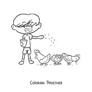 Coloring page of a kawaii farmer boy feeding the chicks