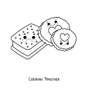 Coloring page of an ice cream sandwich and two cookies with hearts in the center