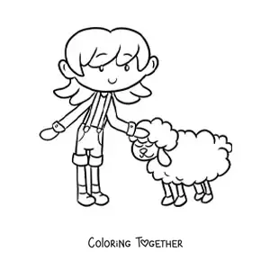 Coloring page of a kawaii farmer girl petting a sheep