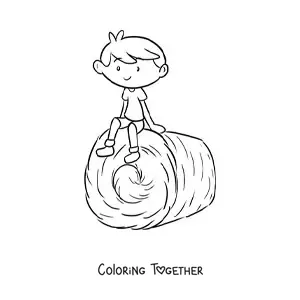 Coloring page of a kawaii farmer boy sitting on a haystack