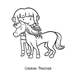 Coloring page of a kawaii farmer girl brushing a pony