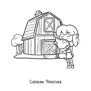 Coloring page of a kawaii farmer girl with a rabbit on the farm