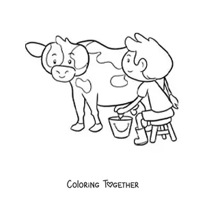 Coloring page of a kawaii farmer boy milking a cow