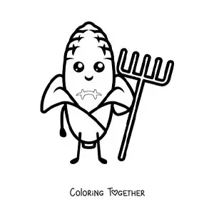 Coloring page of a cartoon kawaii farmer corn