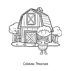 Coloring page of a kawaii farmer boy with a barrel on the farm
