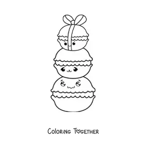 Coloring page of three kawaii macarons, one on top of the other with a bow