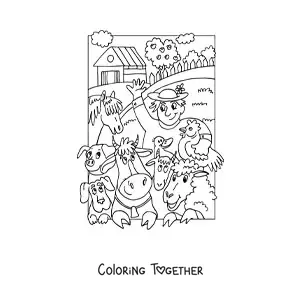 Coloring page of a cartoon farmer and animals
