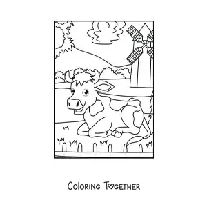 Coloring page of a cartoon cow on the farm