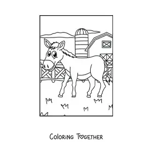 Coloring page of a cartoon donkey on the farm