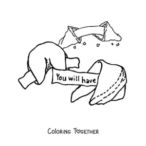 Coloring page of three open fortune cookies