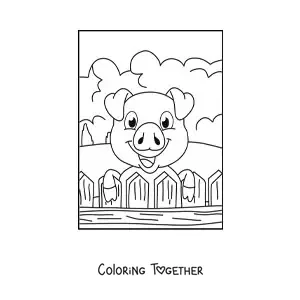 Coloring page of a cartoon pig on the farm