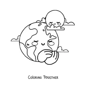 Coloring page of a cartoon kawaii planet Earth with the Moon