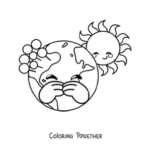 Coloring page of a cartoon kawaii planet Earth with the Sun