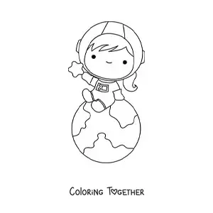 Coloring page of a kawaii astronaut girl sitting on planet Earth