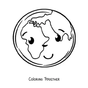 Coloring page of a cute cartoon kawaii planet Earth