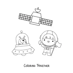 Coloring page of a kawaii astronaut girl with an alien and a satellite