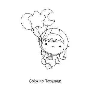 Coloring page of a kawaii astronaut girl floating with star balloons