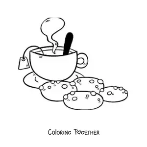 Coloring page of a steaming cup of tea with cookies