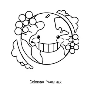 Coloring page of a cartoon kawaii planet Earth with trees and the atmosphere