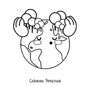 Coloring page of kawaii planet Earth trees producing oxygen