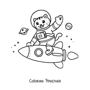 Coloring page of a cartoon kawaii astronaut cat in a rocket in space