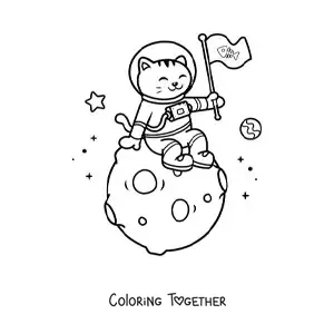Coloring page of a cartoon kawaii astronaut cat on the Moon