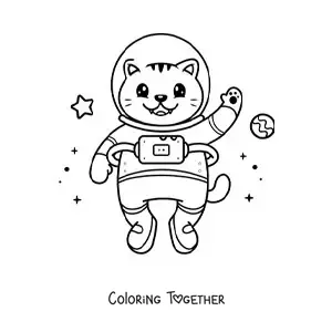 Coloring page of a cartoon kawaii astronaut cat in space
