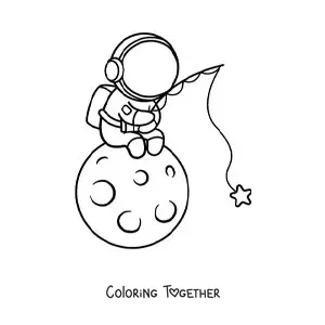 Coloring page of a kawaii astronaut sitting on the Moon fishing for stars