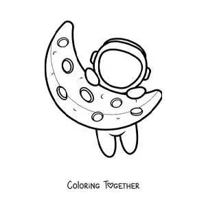 Coloring page of a kawaii astronaut hanging from the Moon