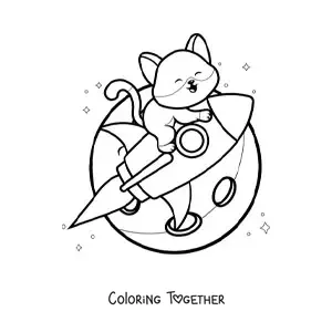 Coloring page of a cartoon kawaii cat in a rocket in space