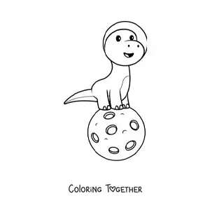 Coloring page of a cartoon kawaii dinosaur on the Moon