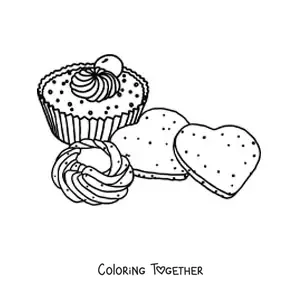 Coloring page of two heart-shaped cookies and a cupcake