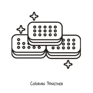 Coloring page of three ice cream sandwiches stacked in a pyramid with sparkles