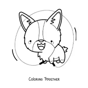 Coloring page of a cartoon kawaii dog jumping rope