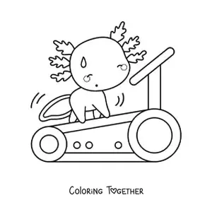 Coloring page of a cartoon kawaii axolotl exercising on a treadmill