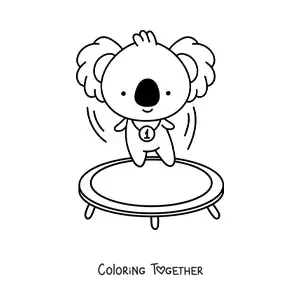 Coloring page of a cartoon kawaii koala bouncing on a trampoline