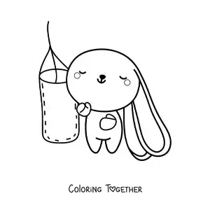 Coloring page of a cartoon kawaii rabbit hitting a punching bag