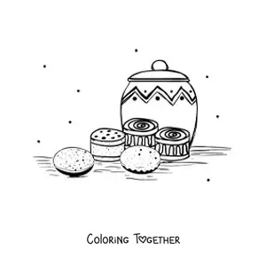 Coloring page of cookies and sweets on a table with a decorated jar in the background