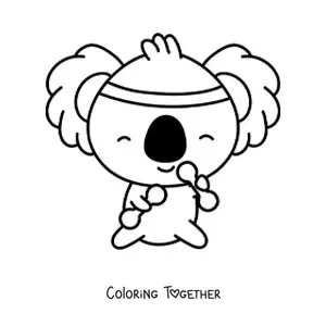 Coloring page of a cartoon kawaii koala exercising with weights