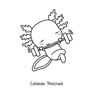 Coloring page of a cartoon kawaii axolotl exercising with a dumbbell
