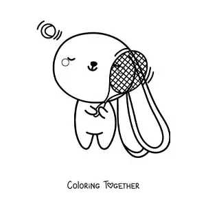 Coloring page of a cartoon kawaii rabbit playing tennis