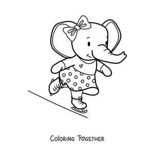 Coloring page of a cartoon kawaii elephant ice skating