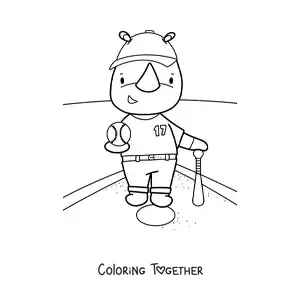 Coloring page of a cartoon kawaii rhino playing baseball