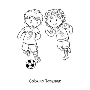 Coloring page of a girl and boy playing soccer