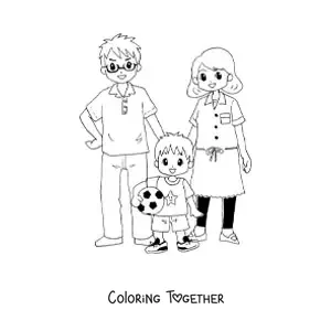 Coloring page of a boy soccer player with his parents