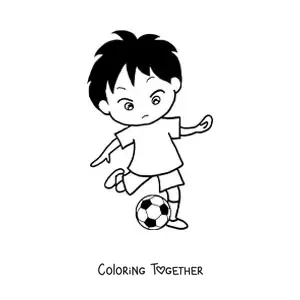 Coloring page of a boy kicking the soccer ball