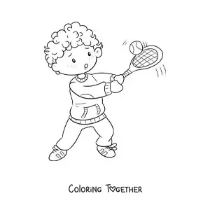 Coloring page of a kawaii boy playing tennis