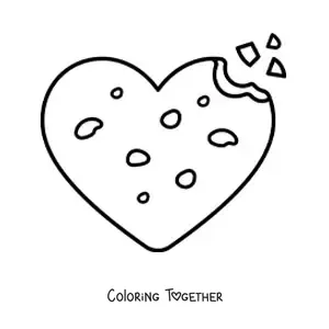 Coloring page of a heart-shaped chocolate chip cookie with a bite taken out