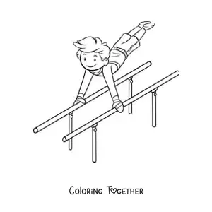 Coloring page of a boy gymnast on the parallel bars